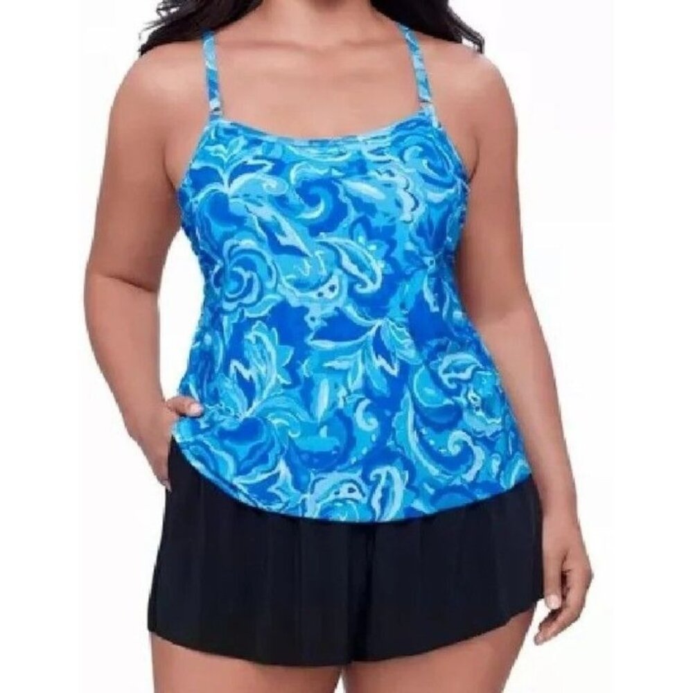 Trimshaper Plus Swim Farrah Tumbled Paisley Romper, Blue Multi 20W